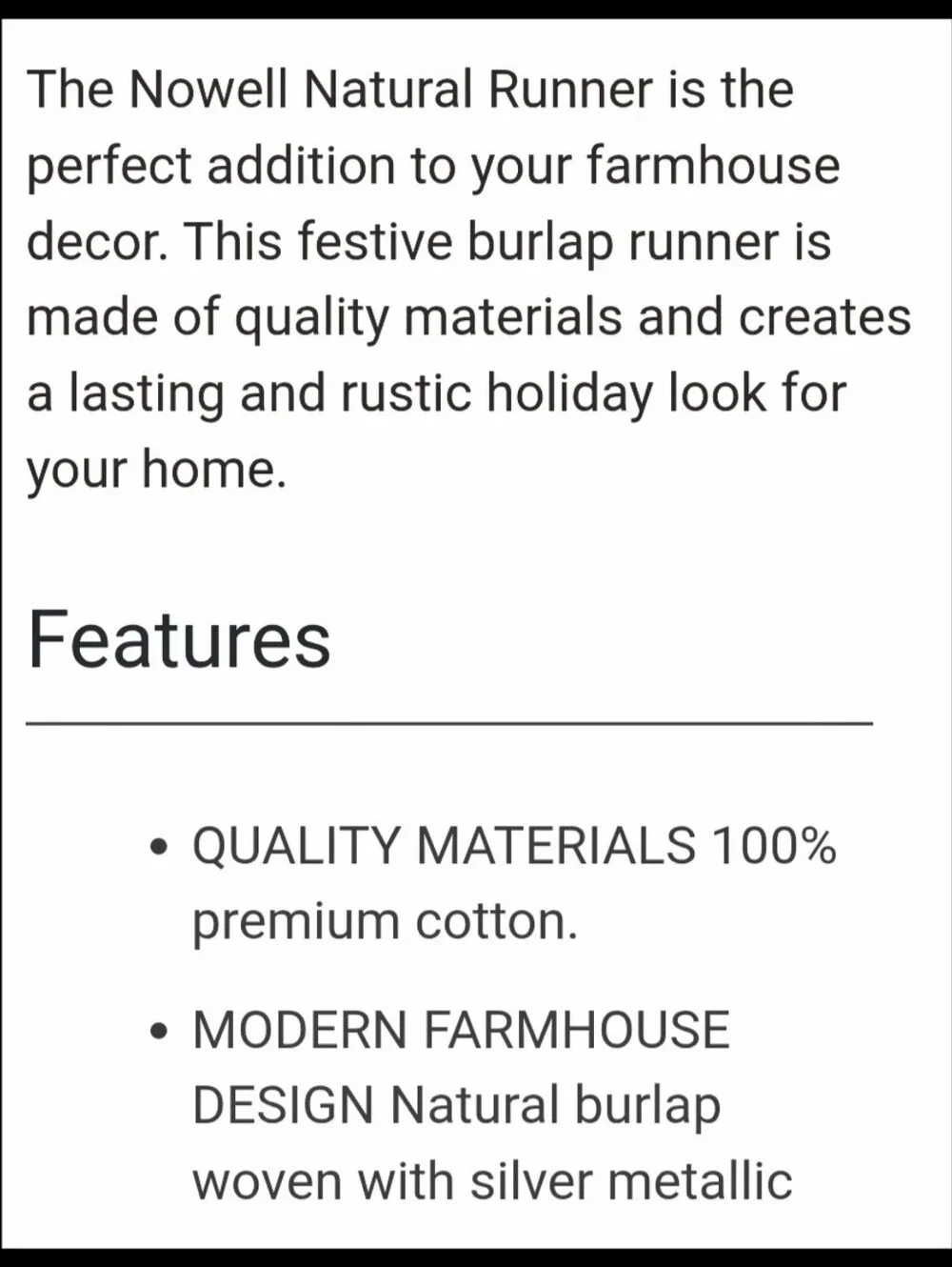 NEW Nowell Natural Burlap Table Runner Modern Farmhouse Silver Tinsel Whipstitch